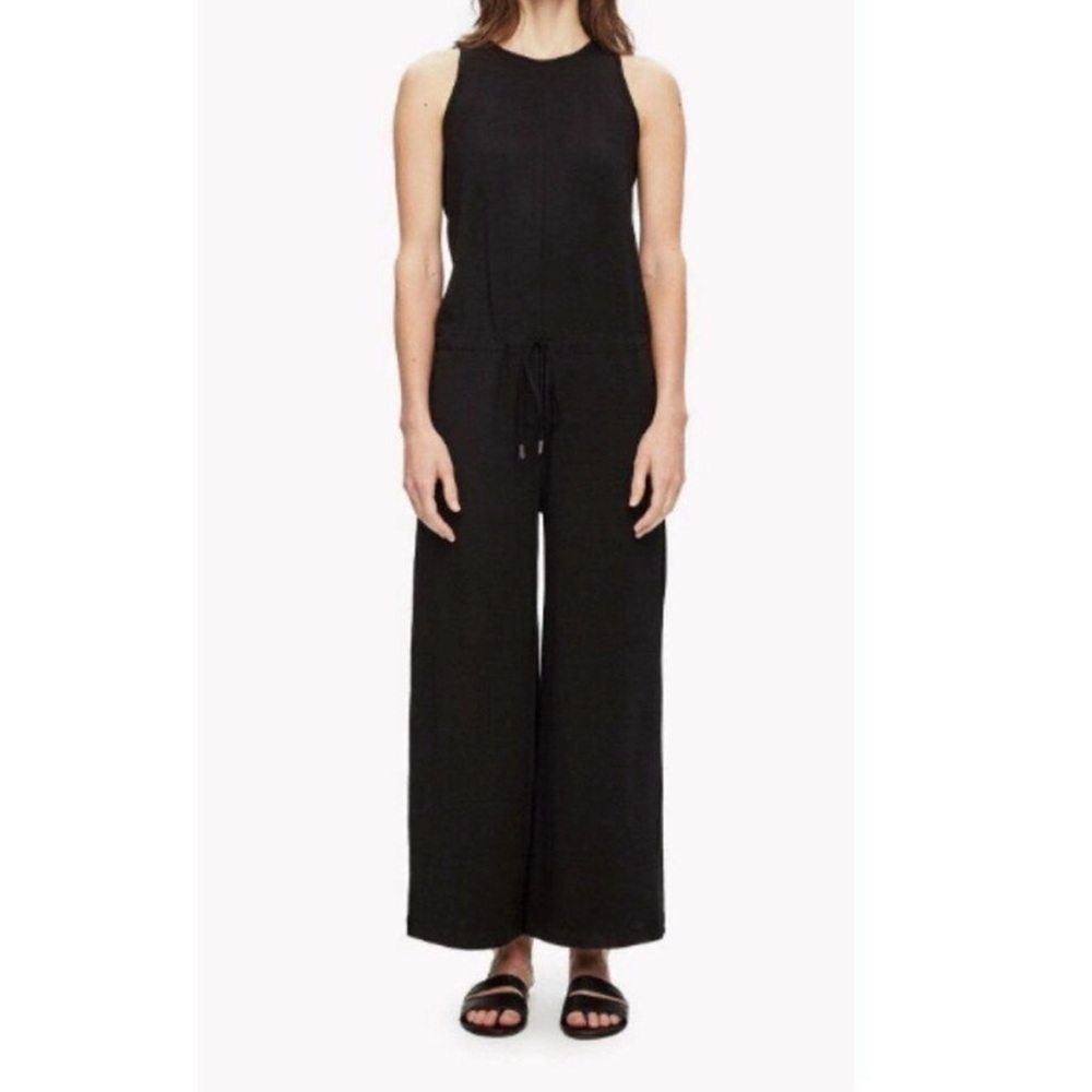 THEORY Yahney Wide Leg Black Cinched Jumpsuit size medium comfy lounge pockets